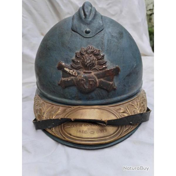 WW1-CASQUE FRANAIS MLE 15-ARTILLERIE-PLAQUE SOLDAT DE LA  GRANDE GUERRE