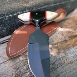 Couteau Push Dagger Lame Acier Carbone 1055 Black Manche Os & Corne Etui CUir Fabric Artisanale