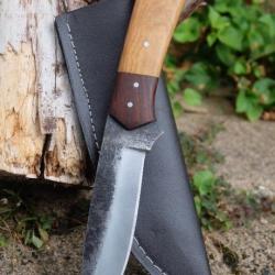 Poignard Bushcraft Couteau de Chasse Survie Lame Carbone 1075 Manche 2Bois Etui Cuir Fabr Artisanale