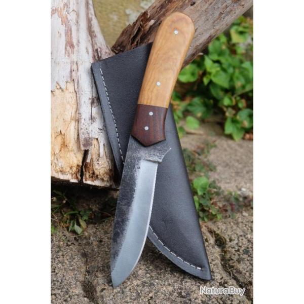 Poignard Bushcraft Couteau de Chasse Survie Lame Carbone 1075 Manche 2Bois Etui Cuir Fabr Artisanale