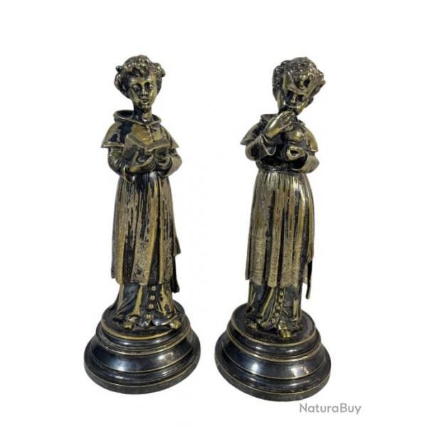 Paire de sacristains ou enfants de coeur en bronze argent du XIX eme sicle sculpture