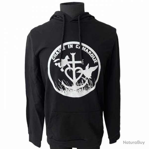 Sweat  capuche Chasse en Camargue noir logo blanc