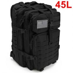 Sac à Dos Tactique de Voyage 45L - Randonnée Survie Activités Plein Air Noir