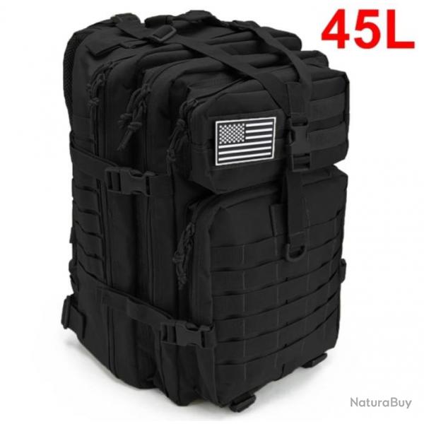 Sac  Dos Tactique de Voyage 45L - Randonne Survie Activits Plein Air Noir