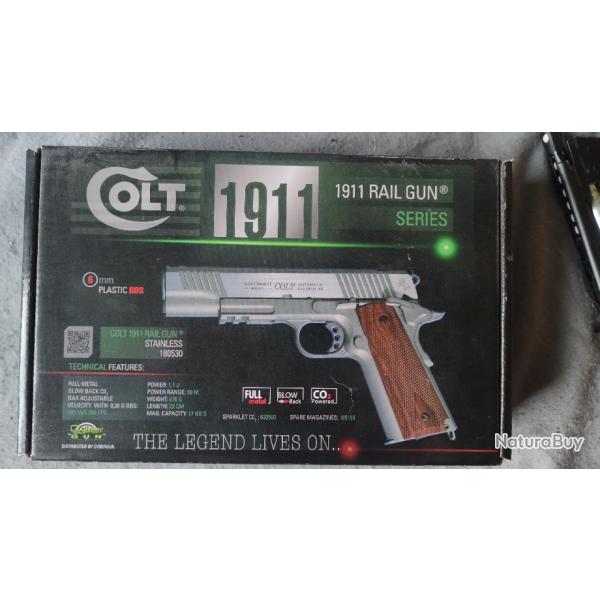 COLT 1911 RAIL GUN CO2 STAINLESS SILVER BLOWBACK FULL METAL