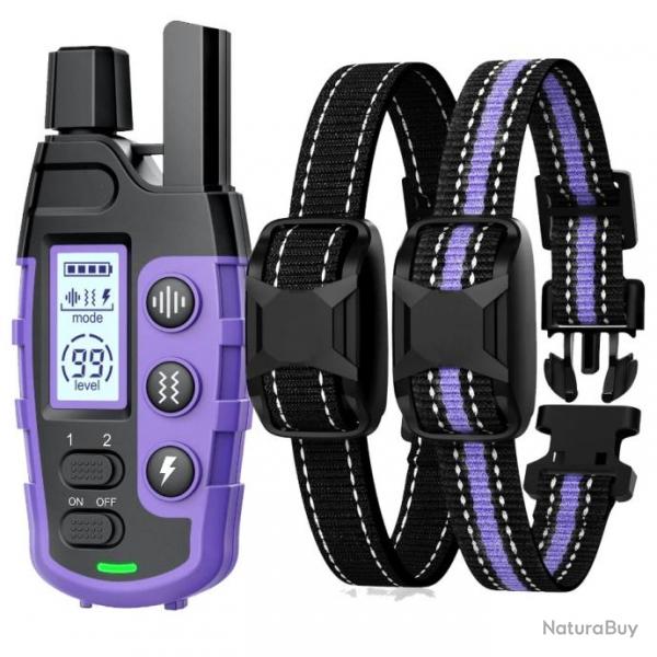 Collier de Dressage pour Deux Chiens Rechargeable tanche Porte de 1100M Vibration Bip Violet