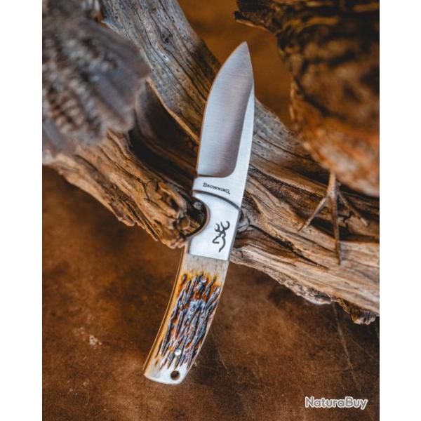 Couteau Browning Buckmark Hunter Bone Lame Acier 8Cr13MoV Manche Os Etui CUir BR0509B