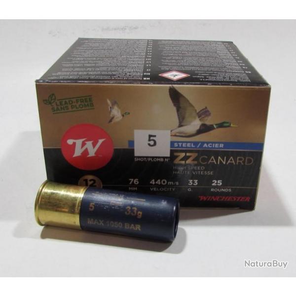 Boite de 25 cartouches Winchester ZZ canard Magnum 12/76  acier  33 grammes , Numero 5