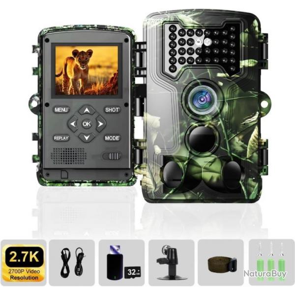 Camera Chasse 2.7K/58MP HD Dtecteur de Mouvement Vision Nocturne Carte SD 32GB