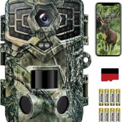 Caméra de Chasse WiFi Bluetooth, 2.7K/48MP Full HD Carte SD 32GB IP66 Étanche Vision Nocturne