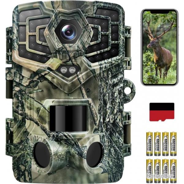 Camra de Chasse WiFi Bluetooth, 2.7K/48MP Full HD Carte SD 32GB IP66 tanche Vision Nocturne