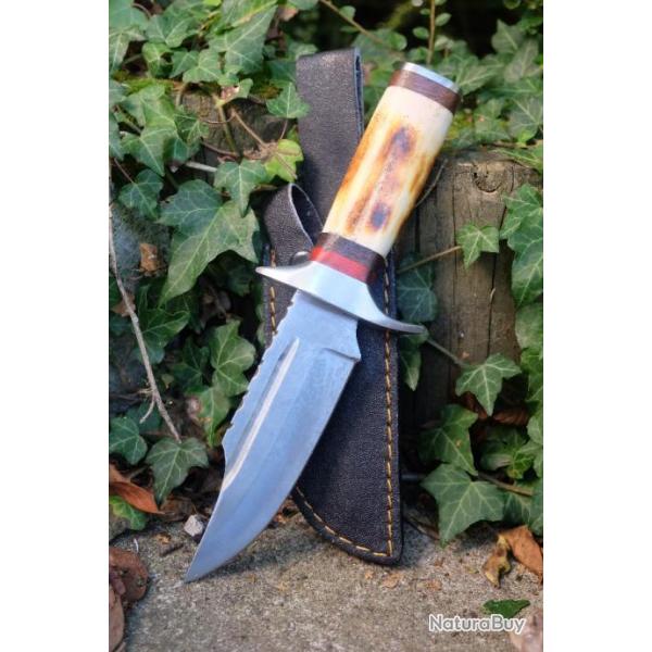 Couteau De Chasse Bowie Lame Acier Carbone 1055 Manche Os Fabrication Artisanale Etui Nylon 002