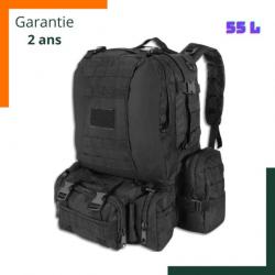 Sac à dos tactique 55L Noir + 3 sacs accessoires détachables - Livraison rapide - Garantie 2 ans