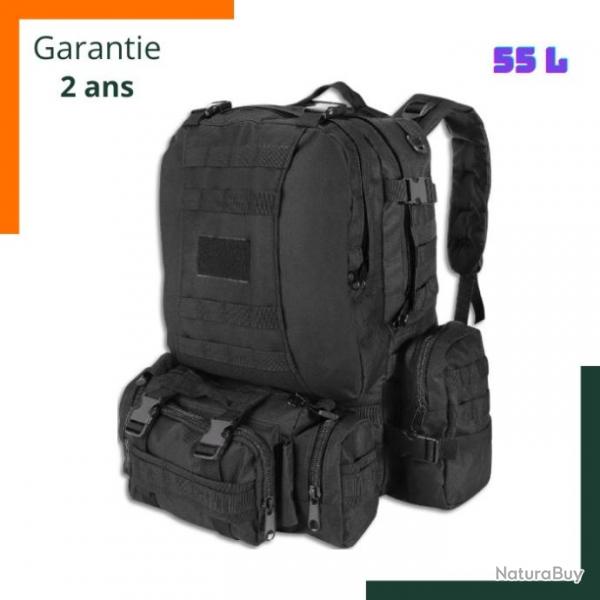 Sac  dos tactique 55L Noir + 3 sacs accessoires dtachables - Livraison rapide - Garantie 2 ans