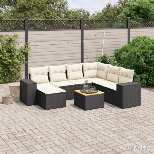 Salon de jardin 8 pcs avec coussins noir rsine tresse