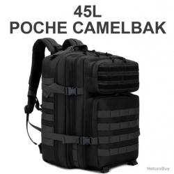 SAC À DOS TACTIQUE NOIR POCHE POUR PLAQUE BALISTIQUE/GOURDE CAMELBAK 45L - LIVRAISON GRATUITE