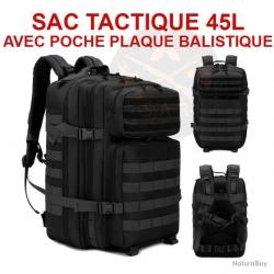 SAC À DOS TACTIQUE 45L NOIR POCHE POUR PLAQUE BALISTIQUE OU SAC HYDRATATION - LIVRAISON GRATUITE