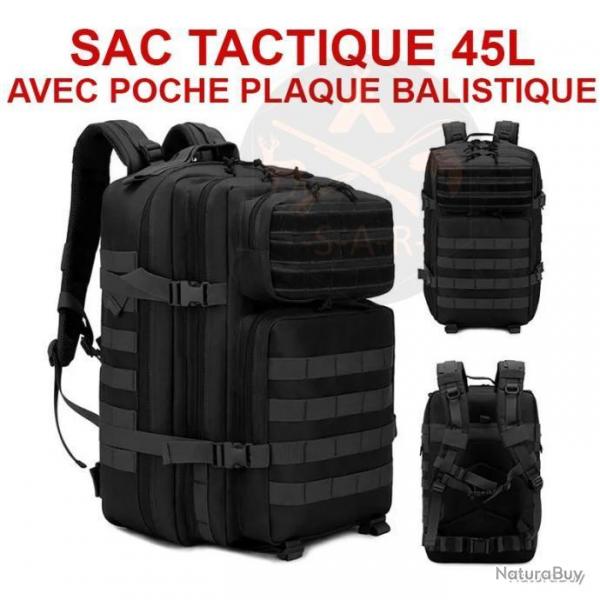 SAC  DOS TACTIQUE 45L NOIR POCHE POUR PLAQUE BALISTIQUE OU SAC HYDRATATION - LIVRAISON GRATUITE