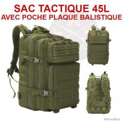 SAC À DOS TACTIQUE KAKI POCHE POUR PLAQUE BALISTIQUE/GOURDE CAMELBAK 45L - LIVRAISON GRATUITE