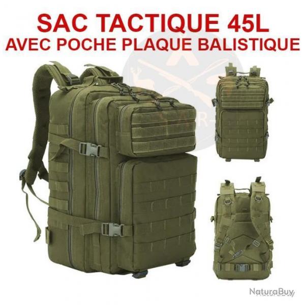 SAC  DOS TACTIQUE KAKI POCHE POUR PLAQUE BALISTIQUE/GOURDE CAMELBAK 45L - LIVRAISON GRATUITE