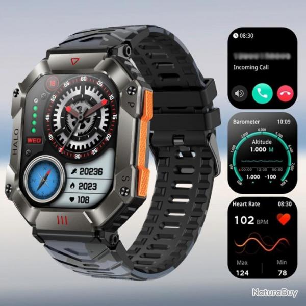 Montre Connect Militaire Ultra Robuste Boussole Piste GPS Mto 2024 Sport Bluetooth Noire