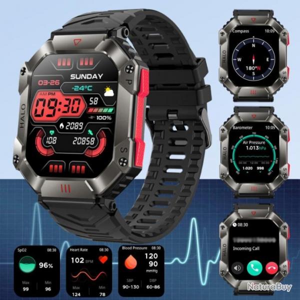 Montre Connect de Sport Militaire Ultra Robuste Boussole Piste GPS Mto 2024 Bluetooth Noire