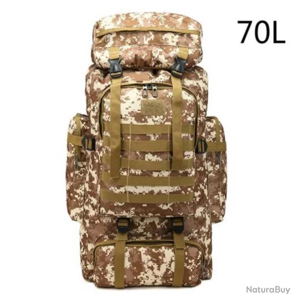 Sac  Dos Tactique 70L Sac Militaire Multifonctionnel Tissu Oxford Randonne Plein Air Chasse Jaune