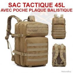 SAC À DOS TACTIQUE 45L BEIGE POCHE POUR PLAQUE BALISTIQUE OU GOURDE CAMELBAK - LIVRAISON GRATUITE