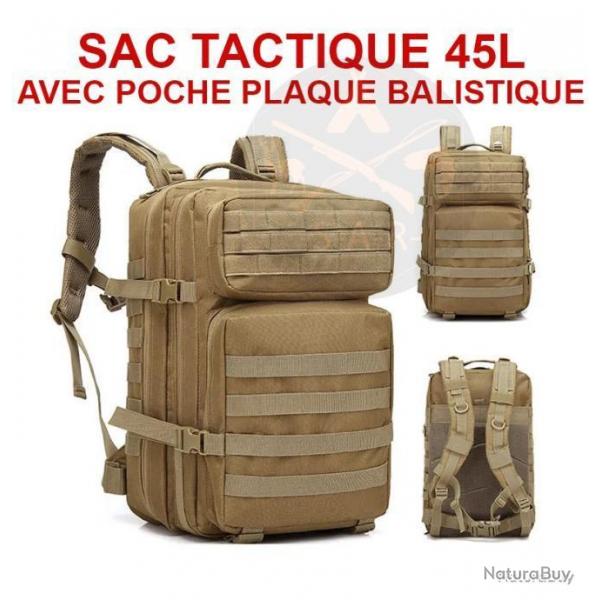 SAC  DOS TACTIQUE 45L BEIGE POCHE POUR PLAQUE BALISTIQUE OU GOURDE CAMELBAK - LIVRAISON GRATUITE