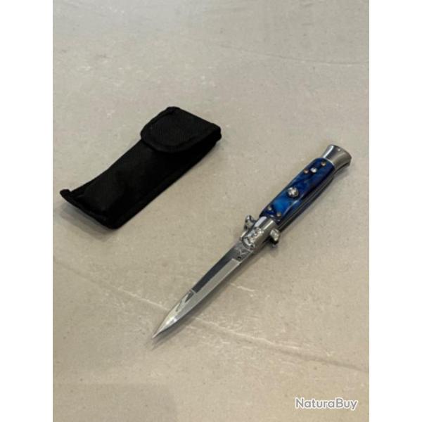 Stiletto Couteau automatique Mafia Milano Lame Acier 440 Manche Abs bleu Etui