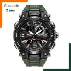 Garantie 2 ans - Montre militaire multifonctions LED Rètro Eclairage, Chronomètre - Vert armée