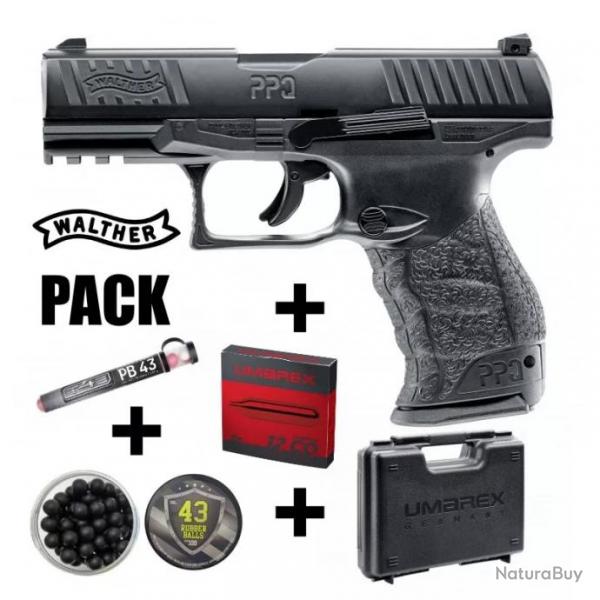 PACK PISTOLET WALTHER PPQ M2 NOIR CAL.43 + BILLES CAOUTCHOUC ET POIVRE