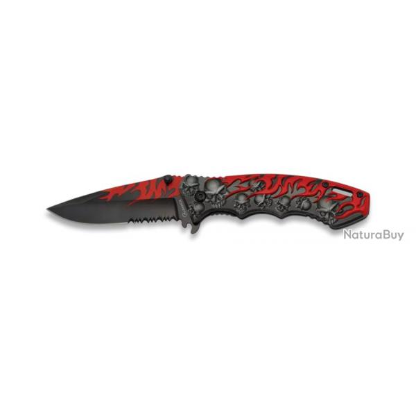 COUTEAU PLIANT SKULL ET FLAMES ROUGE LAME 8.2CM