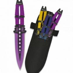 JEU DE 3 COUTEAUX A LANCER ENCORDES MULTICOLORES + ETUI