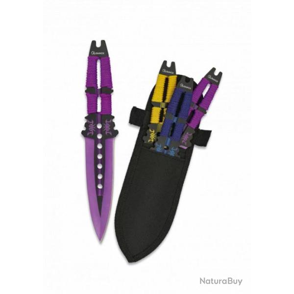 JEU DE 3 COUTEAUX A LANCER ENCORDES MULTICOLORES + ETUI