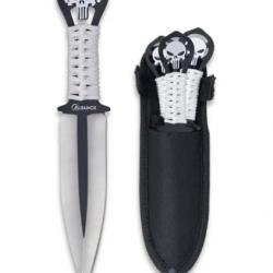 JEU DE 3 COUTEAUX A LANCER ENCORDES TETE DE MORT + ETUI