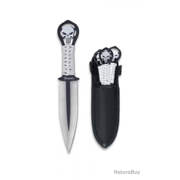 JEU DE 3 COUTEAUX A LANCER ENCORDES TETE DE MORT + ETUI