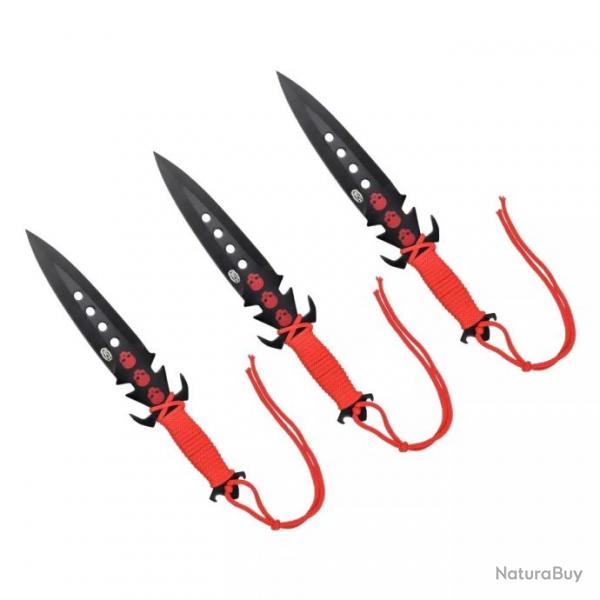 JEU DE 3 COUTEAUX A LANCER ENCORDES TETE DE MORT ROUGE + ETUI