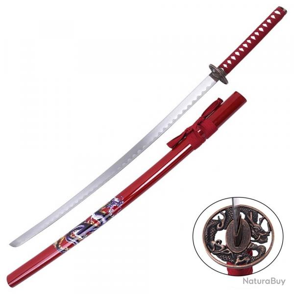 KATANA DECO LAME ACIER MOTIF DRAGON ROUGE