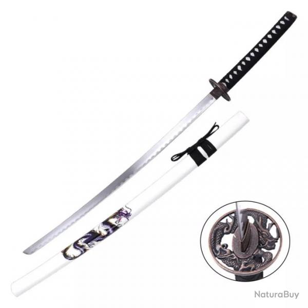 KATANA DECO LAME ACIER MOTIF DRAGON BLANC