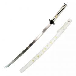 KATANA DECO LAME ACIER MOTIFS JAPONAIS BLANC ET OR