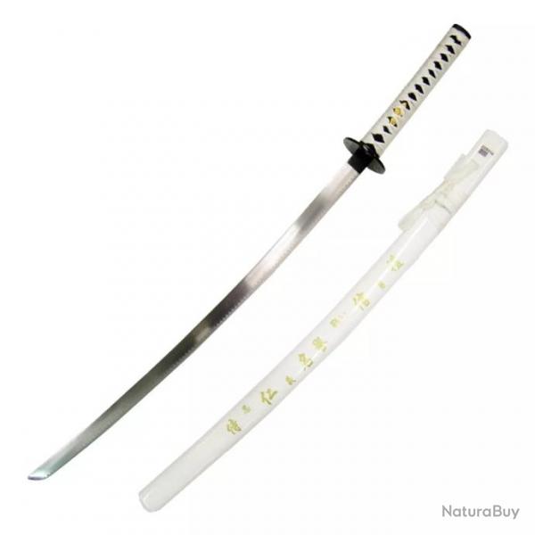 KATANA DECO LAME ACIER MOTIFS JAPONAIS BLANC ET OR