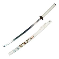 KATANA DECO LAME ACIER MOTIF DRAGON FOURREAU BLANC