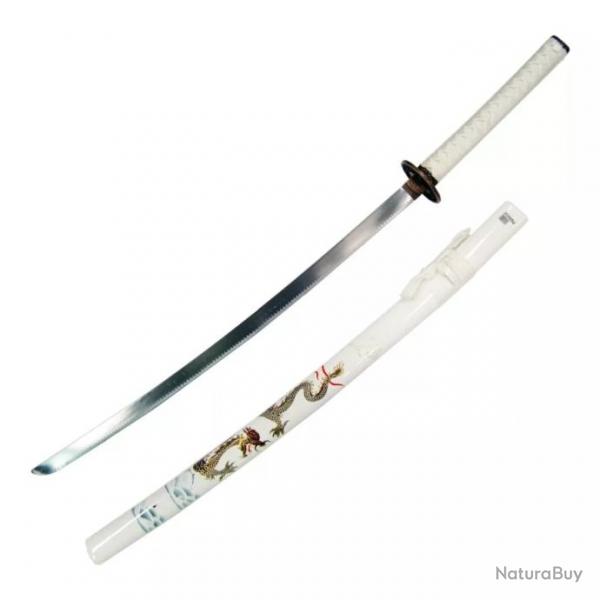 KATANA DECO LAME ACIER MOTIF DRAGON FOURREAU BLANC