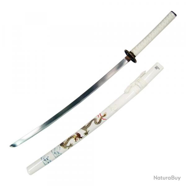 KATANA DECO LAME ACIER MOTIF DRAGON FOURREAU BLANC