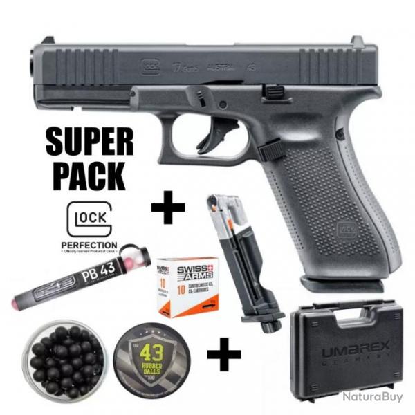 SUPER PACK PISTOLET GLOCK 17 T4E NOIR CAL 0.43 + BILLES CAOUTCHOUC ET POIVRE