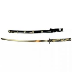 KATANA DECO LAME ACIER DORE MOTIF DRAGON FOURREAU NOIR