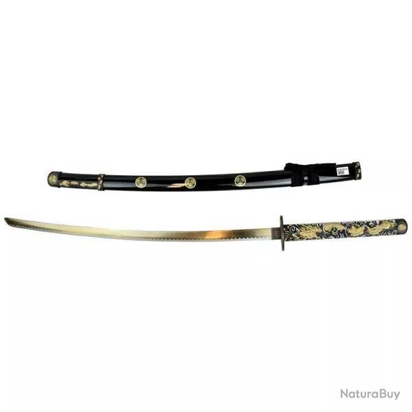 KATANA DECO LAME ACIER DORE MOTIF DRAGON FOURREAU NOIR