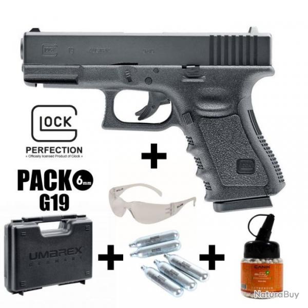 PACK PISTOLET GLOCK 19 Noir - Culasse fixe - 6 mm BB - CO 2J