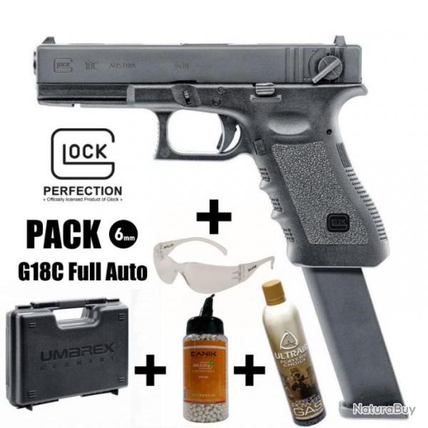 PACK PISTOLET GLOCK 18C FULL AUTO Noir - 6 mm BB - Gaz 1J